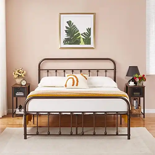 VECELO Purple Bronze Victorian Style Metal Bed Frame with Headboard and Footboard Under Bed Storage No Box Spring Needed Strong Slat Suppor Bed Frame Full Size
