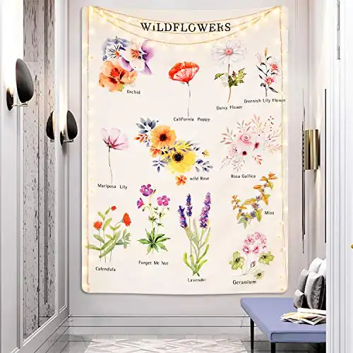 Wildflowers Tapestry Floral Plants Tapestry Reference Chart Tapestry With Word Vertical Tapestry Wall Hanging for Room(51.2 x 59.1 inches)