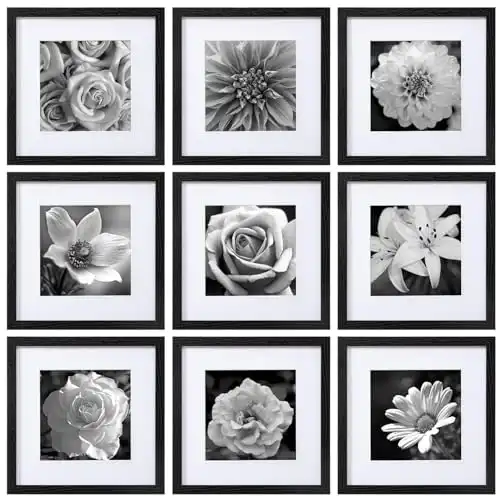 eletecpro 12x12 Picture Frames Set of 9 Classic Gallery Wall Frame Set Displays 8x8 Photo with Mat or 12x12 without Mat, Square Collage Wall Decor, Black Modern Home Decor for Hanging