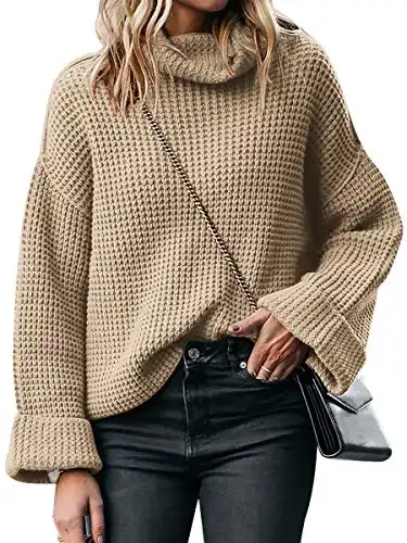 ANRABESS Women's Casual Loose Turtleneck Bell Sleeves Sweater Pullover Knit Jumper A64kaqise-S Khaki