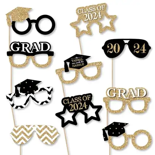 Big Dot of Happiness 2024 Gold Graduation Glasses - Paper Card Stock Party Photo Booth Props Kit - 10 Count