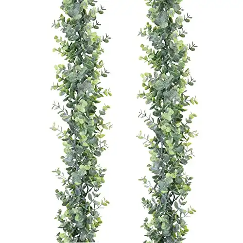 DearHouse Faux Eucalyptus Garland Plant, 2 Pack Artificial Vines Hanging Eucalyptus Leaves Greenery Garland for Wedding Backdrop Arch Wall Decor, 6 Feet/pcs UV Protected Indoor Outdoor