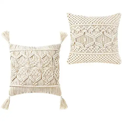 Mkono Throw Pillow Cover Macrame Tassel Cushion Case (Pillow Inserts Not Included) Set of 2 Style Decorative Pillowcase for Bed Sofa,17 Inches