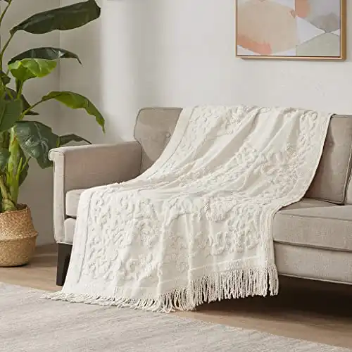 Madison Park 100% Cotton Tufted Chenille Design With Fringe Tassel Luxury Elegant Chic Lightweight, Breathable Cover, Luxe Cottage Room Décor Summer Blanket, 50" x 60", Ivory
