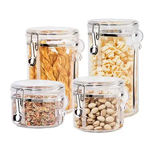 Oggi 4pc Clear Canister Set with Clamp Lids & Spoons - Airtight Food Storage Containers, Ideal for Kitchen & Pantry Storage of Bulk, Dry Food Including Flour, Sugar, Coffee, Rice, Tea, Spices ...
