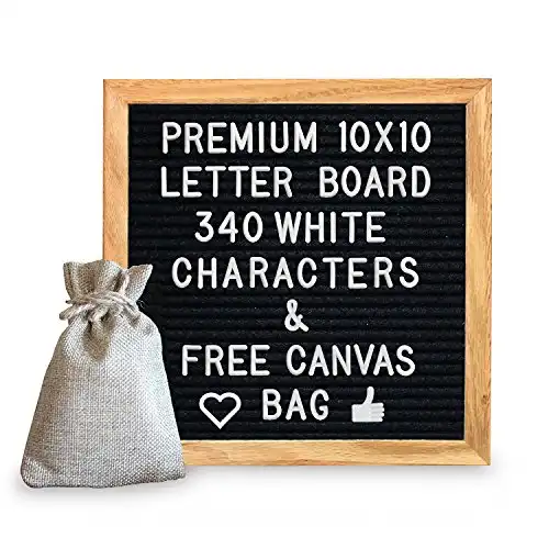 10 x 10 Premium Solid Oak Framed Changeable Letter Board, with Free Canvas Bag, 340 Characters (340 White)