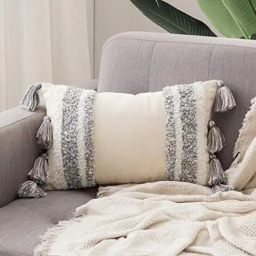 MIULEE Decorative Throw Pillow Cover Tribal Boho Woven Tufted Pillowcase with Tassels Super Pillow Sham Pillowcase Cushion Case for Sofa Couch Bedroom Car Living Room 12X20 Inch Grey