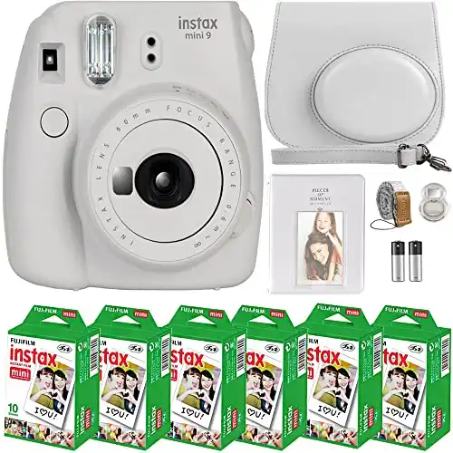 FujiFilm Instax Mini 9 Instant Camera + Fujifilm Instax Mini Film (60 Sheets) Bundle with Deals Number One Accessories Including Carrying Case, Selfie Lens, Photo Album (Smokey White)