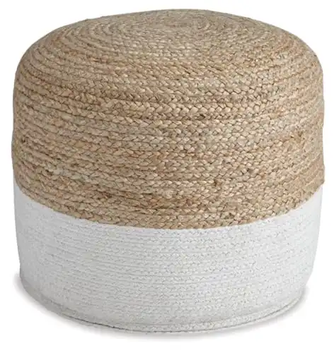Signature Design by Ashley Sweed Valley Jute & Cotton Pouf, 19 x 19 Inches, Beige & White