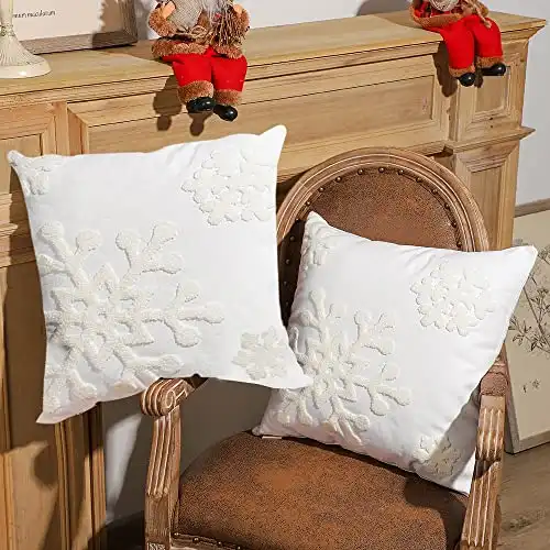 SOFTNOW 2 Pcs Christmas Throw Pillow Covers Canvas Cotton Square Embroidery Snowflake Decorative Pillowcases Cushion Cover for Bed Couch Sofa Home Decor 18 x 18 inch,White