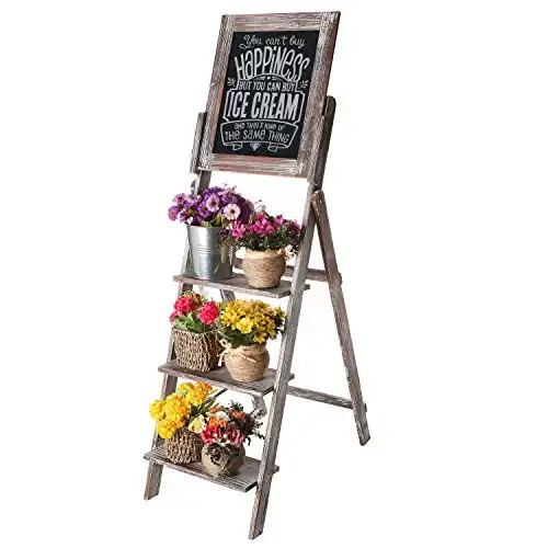 MyGift Decorative Torched Wood Easel Style Chalkboard Stand with 3 Tier Display Shelves