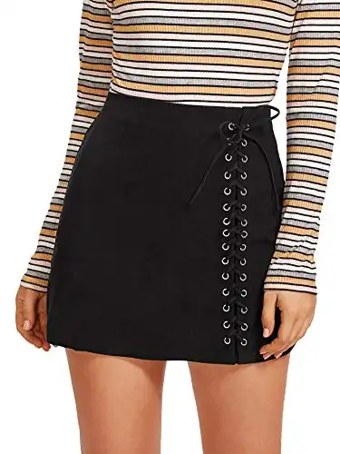 Verdusa Women's Casual Grommet Lace Up A-Line Bodycon Mini Skirt Black S