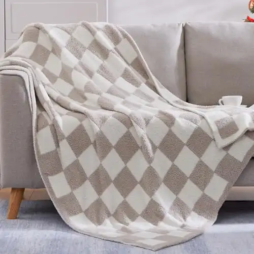 WRENSONGE Checkered Throw Blanket, Taupe Microfiber Soft Cozy Fluffy Warm Hand Made Throw Blankets for Couch, Sofa, Chair, Bed, Camping, Picnic, Travel Lightweight Bed Blanket – 50″*70R...