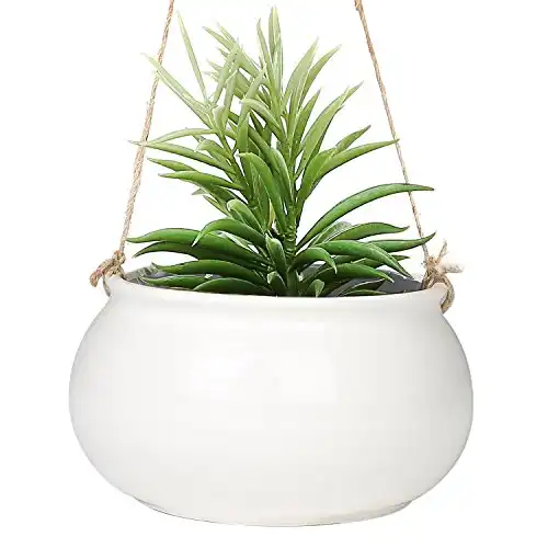 Mediterranean Style Round White Ceramic Hanging 7 inch Planter Pot with Jute Twine String