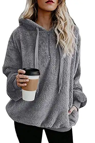 Yanekop Womens Sherpa Pullover Sweater Fuzzy Fleece Sweatshirt Oversized Hoodie Cozy Outerwear with Pockets(Light Gray,L)