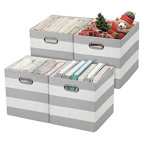 Posprica 3X Thicker Storage Bins Storage Cubes,11×11 Collapsible Storage Boxes Containers Organizer Baskets for Nursery,Office,Closet,Shelf - 4pcs, Grey-white Striped