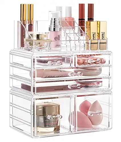 HBlife Acrylic Clear Dustproof Makeup Storage Organizer Drawers Large Skin Care Cosmetic Display Cases for Bathroom Stackable Storage Box with 6 Drawers for Vanity (Clear)