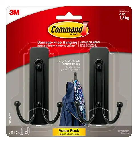 Command Large Wall Hooks with Adhesive Strips, No Tools, Damage Free Plastic Double Hooks for Hanging Decorations in Living Spaces, Black, 2 Hooks and 2 Command Strips