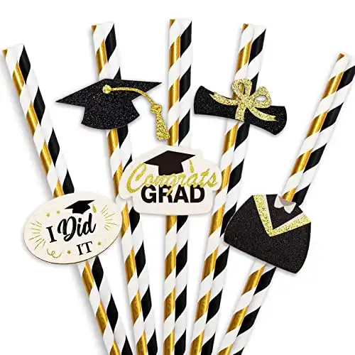 Whaline 50Pcs Graduation Theme Paper Straws Graduation Cap Diploma Disposable Bachelor Gown Paper Straws Gold Foil Black Stripe Printed Drinking Straws for Graduation Party Supplies Decoration