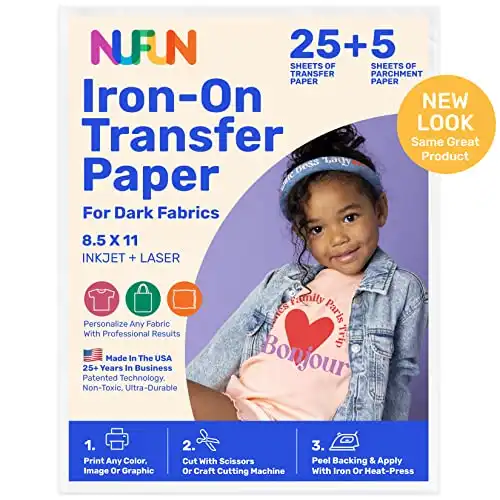 NuFun Activities Printable Iron-on Heat Transfer Paper for T Shirts, Dark Fabrics, 25 Sheets 8.5 x 11 inch, Long Lasting, Durable, Professional Quality, Easy DIY, Non-Toxic, Made in The USA