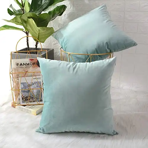 MERNETTE Pack of 2, Velvet Soft Decorative Square Throw Pillow Cover Cushion Covers Pillow case, Home Decor Decorations for Sofa Couch Bed Chair 20x20 Inch/50x50 cm (Light Green)