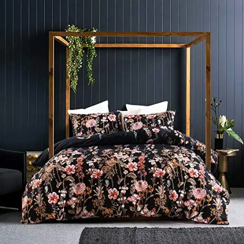 GETIANN Black Floral Duvet Cover Set Full/Queen Comforter Cover Set 90"x90" 3 Pieces Soft Lightweight Bedding (Black Floral)