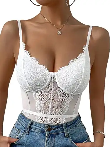 SOLY HUX Women's Sexy Floral Lace Bodysuit Sheer Mesh Shapewear Skinny Top Camisole Corset Bodysuit White M