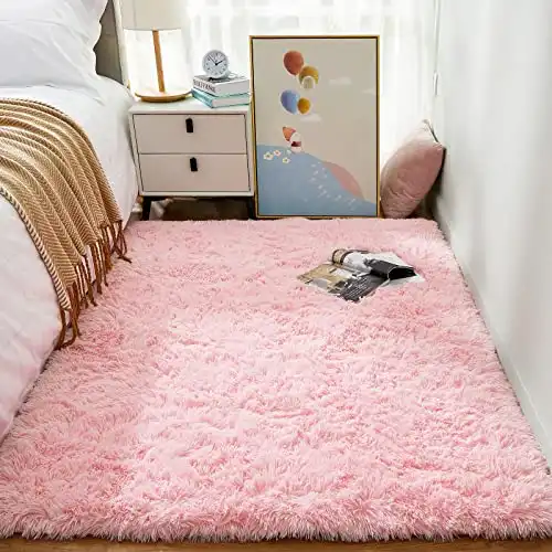 Ophanie 3x5 Pink Rug, Bedside Preppy Dorm Area Rug, College Essentials Non Slip Small Carpets for Bedroom, Anti Slip Fluffy Living Room Rugs Home Decor Aesthetic, Nursery