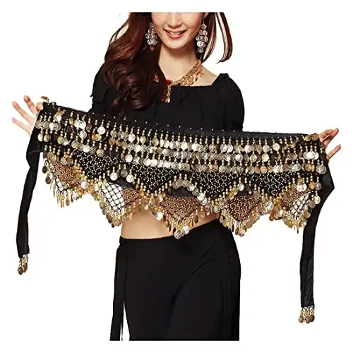 Wuchieal Women's Sweet Bellydance Hip Scarf with Gold Coins Skirts Wrap Noisy Black