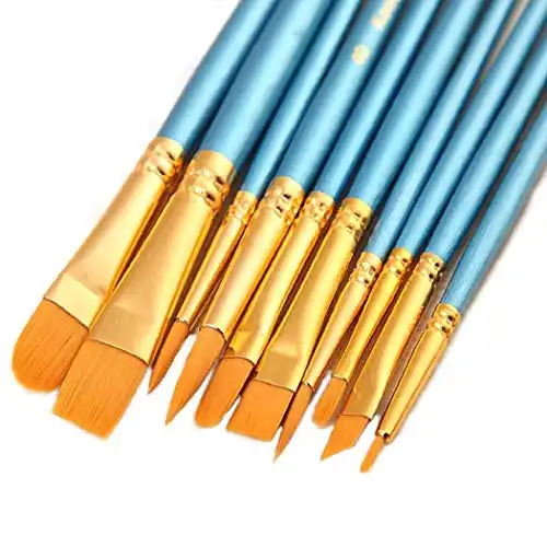 1 Set of 10 Pieces Synthetic Hair Paint Brushes, Blue, for Acrylic, Oil and Watercolor Painting
