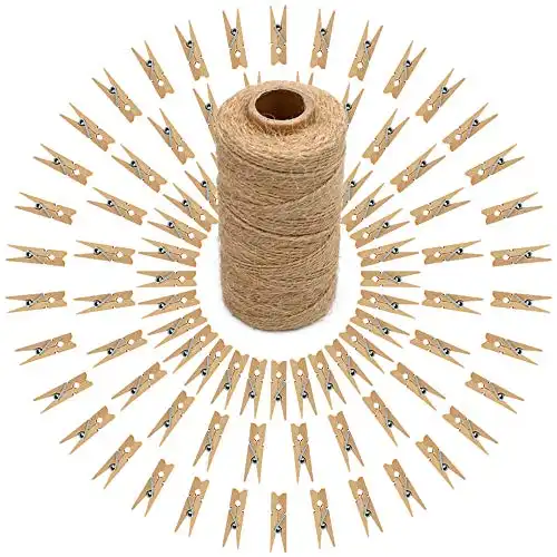 jijAcraft 100Pcs Clothespins with String Cords, 1.4 inch Heavy-Duty Wooden Clothes Pins with 328 Feet Jute Twine, Mini Photo Clips for Hanging Clip Photos, Clothes, Crafts, Arts Outdoor and Indoor