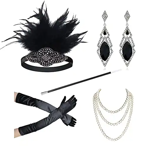 HNBQMX 1920s Flapper Accessories Headband Set Gatsby Flapper Costume Accessories Earrings Necklace Gloves for Women (Set9)
