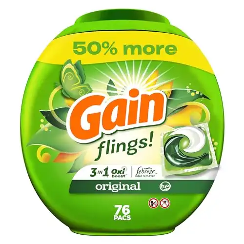 Gain flings Laundry Detergent Soap Pacs HE Compatible Long Lasting Scent, Original Scent, 76 Count