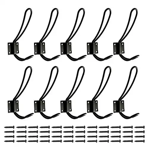 OUSHINAN Rustic Entryway Hooks | 10 Pack of Black Wall Mounted Vintage Double Coat Hangers with Large Metal Screws Included