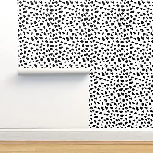 Spoonflower Peel & Stick Wallpaper Swatch - Black White Abstract Dalmatian Spots Dots Leopard Animal Skin Trendy Gender Neutral Geometric Print Custom Removable Wallpaper