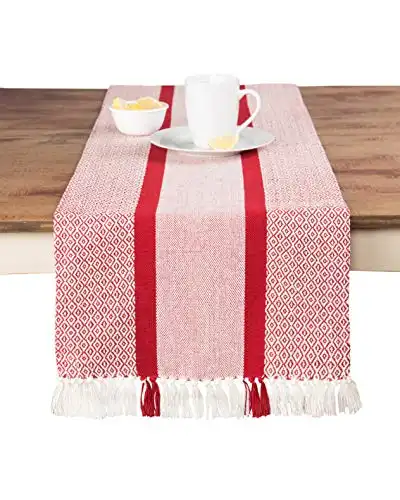 Sticky Toffee Cotton Woven Table Runner with Fringe, Traditional Diamond, Red, 14 in x 72 in