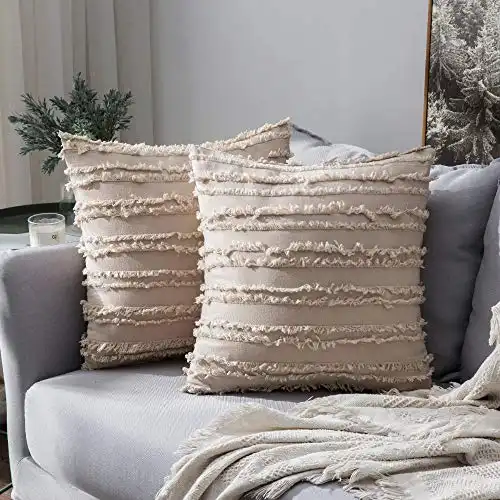 MIULEE Set of 2 Decorative Boho Throw Pillow Covers Linen Striped Jacquard Pattern Cushion Covers for Christmas Sofa Couch Living Room Bedroom 18x18 Inch Beige