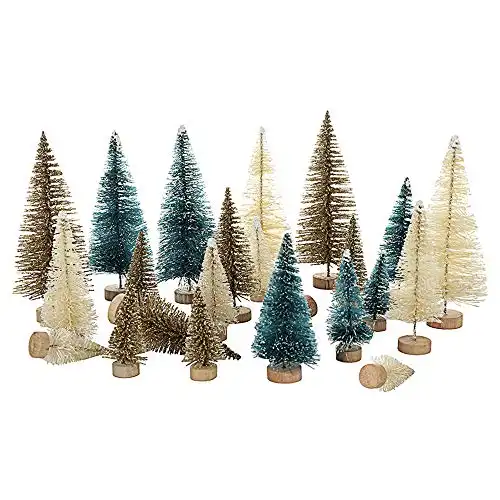 Mini Tabletop Christmas Tree, 24pcs Miniature Pine Trees Frosted Sisal Trees with Wood Base DIY Crafts Home Decor Christmas Ornaments Green, Gold and Ivory,Mix Color