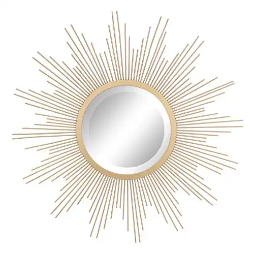 Stonebriar Round 23" Antique Gold Metal Starburst Hanging Wall Mirror with Attached Mounting Bracket, Decorative Decor for the Living Room, Bedroom, Bathroom, Hallway, and Entryway