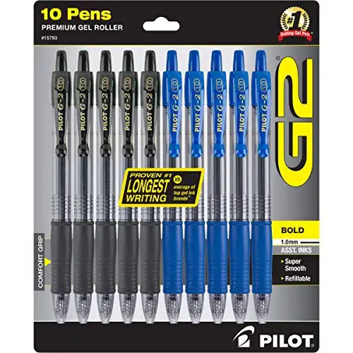 Pilot G2 Bold, Premium Gel Pens, Bulk Pack Of 10 Pilot G2 Pens, 5 Black G-2 & 5 Blue Ink, 1.0mm Medium Point, Retractable Rolling Ball, Office & School Pens for Women & Men.