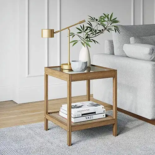 Nathan James 33301 Hayes Solid Wood Nightstand, Bedside, End or Side Table in Light Brown Wood Finish & Glass Top with Open Storage Shelf, 18 in x 18 in x 22 in