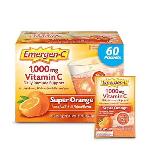 Emergen-C 1000mg Vitamin C Powder for Daily Immune Support Caffeine Free Vitamin C Supplements with Zinc and Manganese, B Vitamins and Electrolytes, Super Orange Flavor -60 Count(Pack of 1)