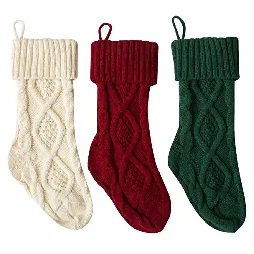 Vanteriam Set of 3 Christmas Knit Knitting Stockings, Ivory White, Burgundy and Green 15 Inch