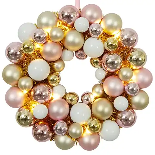 Adeeing 16 Inch Christmas Ball Wreath with Lights Ornaments Wreath for Front Door Hanging Ball Garland Xmas Home Wall Fireplace Party Festive Decoration (Pink White Gold)