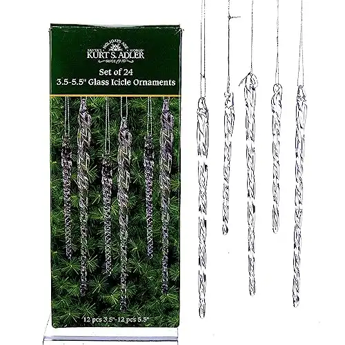 Kurt Adler 3-1/2-Inch-5-1/2-Inch Clear Glass Icicle Ornament Set of 24 Pieces (1)