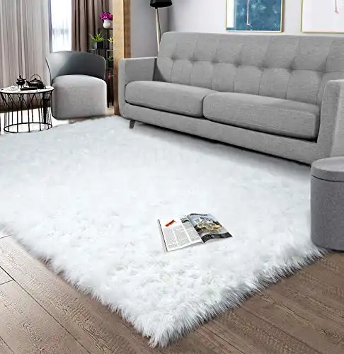 Noahas Luxury Fluffy Rugs Bedroom Furry Carpet Bedside Faux Fur Sheepskin Area Rugs Children Play Princess Room Decor Rug, 5ft x 8ft White