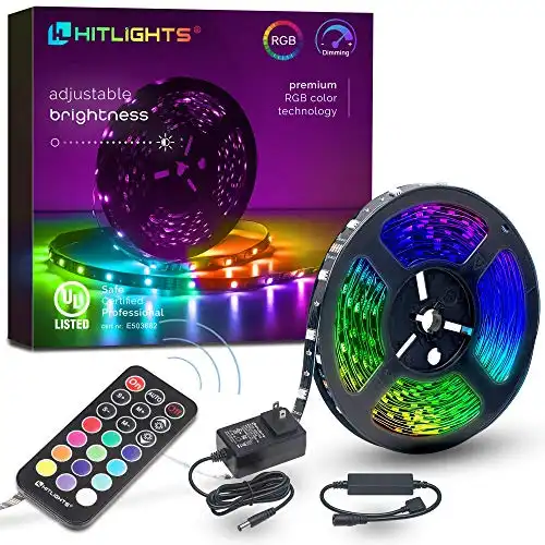 HitLights 32.8ft LED Strip Lights, RGB 5050 Color Changing LED Light Kit Ultra Brighter 300LEDs Flexible Light Strips with RF Remote and UL Power Supply for Home Room Party TV Bedroom