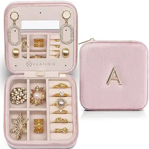Vlando Travel Gifts 2024, Travel Jewelry Case for Girl Women, A Initial Jewelry Case, Mini Jewelry Travel Organizer Travel Essentials for Christmas Gifts for Friend Teen Girls - Letter A, Pink