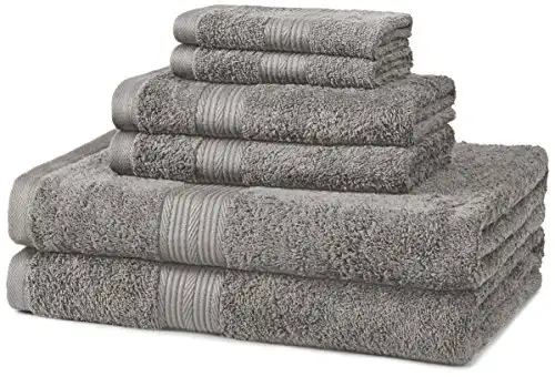 Amazon Basics 6-Piece Fade Resistant Bath towel, Hand and Washcloth Set - Cotton, Gray, 14.25" L x 10.85" W