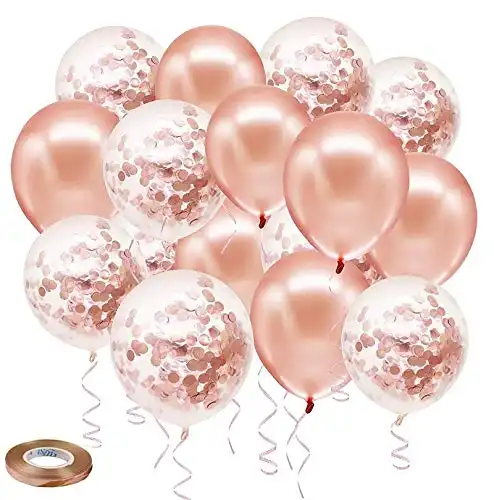 Rose Gold Confetti Latex Balloons, 50 pack 12 inch Birthday Balloons with 33 Feet Rose Gold Ribbon for Party Wedding Bridal Shower Decorations